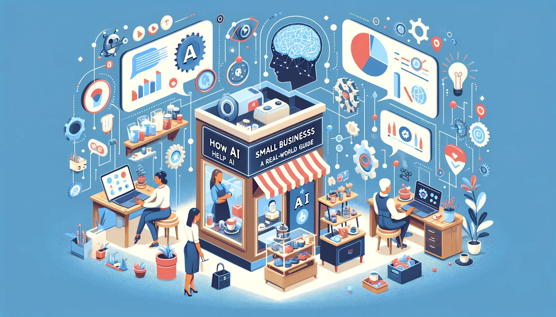 AI empowering small businesses - stylized hands and cityscape